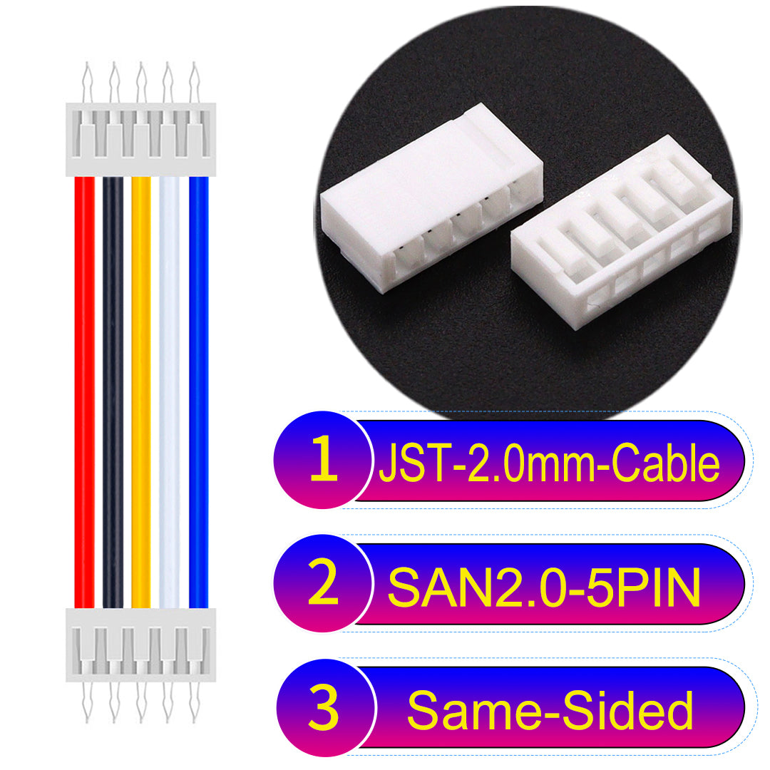 JST SAN2.0 5Pin Same-Side-Head cable, UL1007-certified, 2.0mm pitch, ensuring reliable connectivity for electronic and industrial devices.