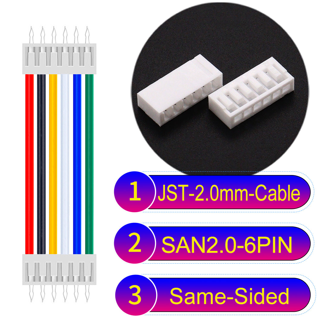 JST SAN2.0 6Pin Same-Side-Head cable, UL1007-certified, 2.0mm pitch, ensuring reliable connectivity for electronic and industrial devices.