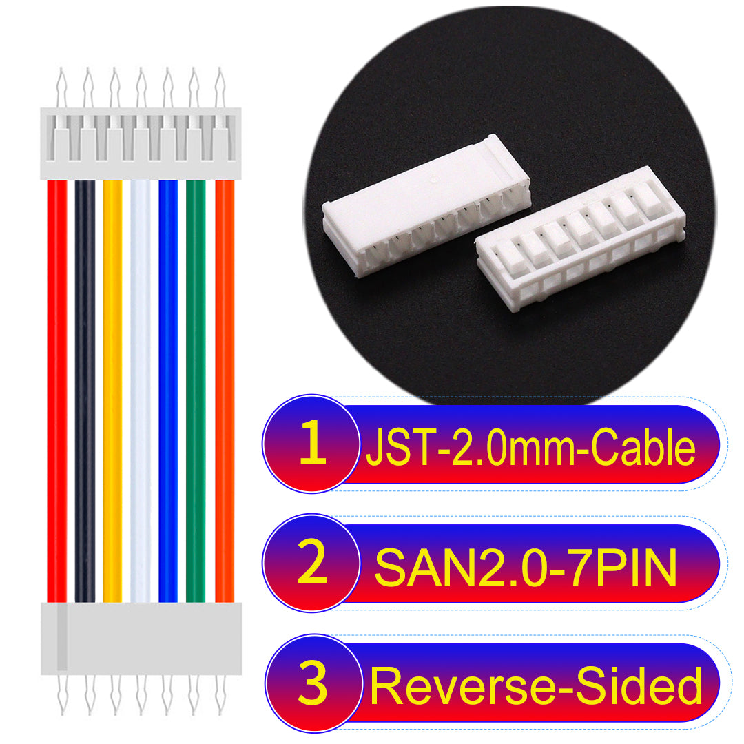 JST SAN2.0 7Pin Reverse-Side-Head cable, UL1007-certified, 2.0mm pitch, ensuring reliable connectivity for electronic and industrial devices.
