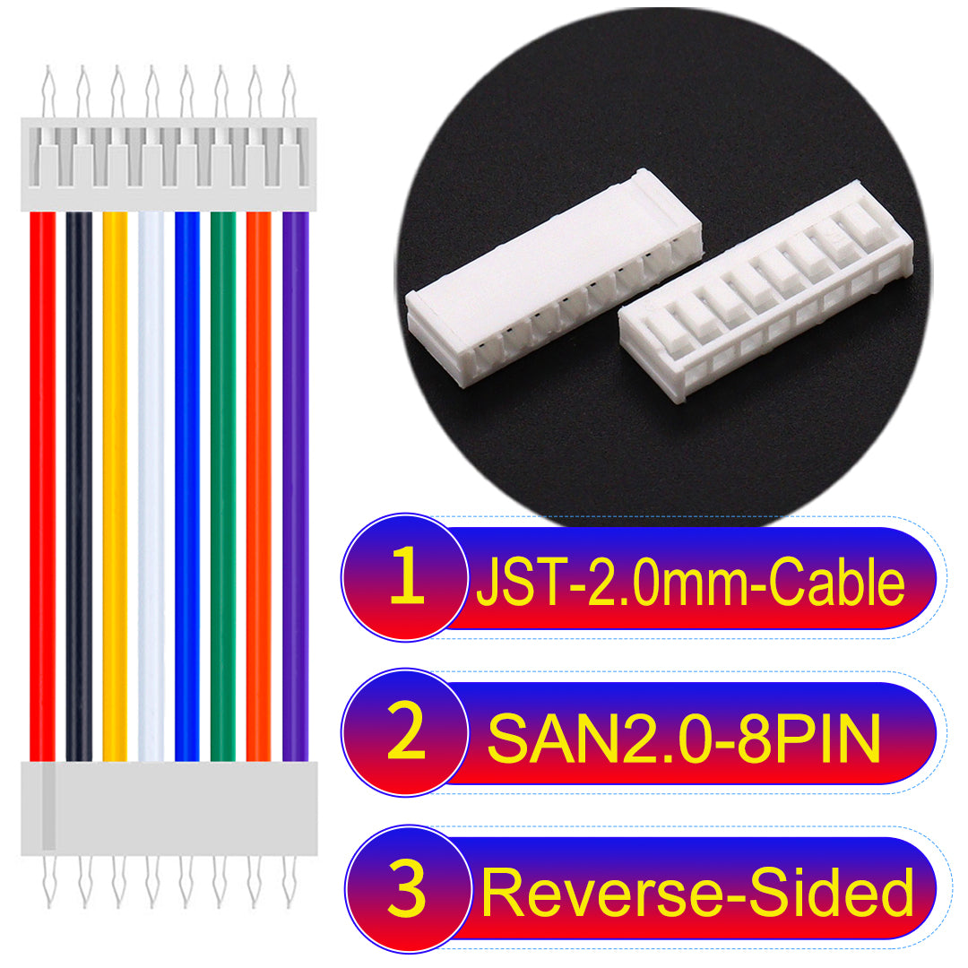 JST SAN2.0 8Pin Reverse-Side-Head cable, UL1007-certified, 2.0mm pitch, ensuring reliable connectivity for electronic and industrial devices.