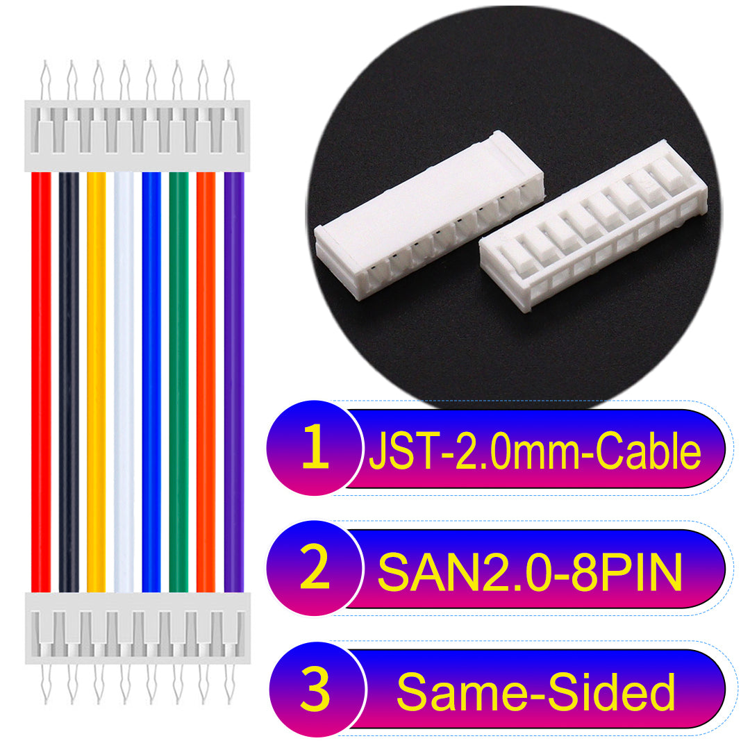 JST SAN2.0 8Pin Same-Side-Head cable, UL1007-certified, 2.0mm pitch, ensuring reliable connectivity for electronic and industrial devices.