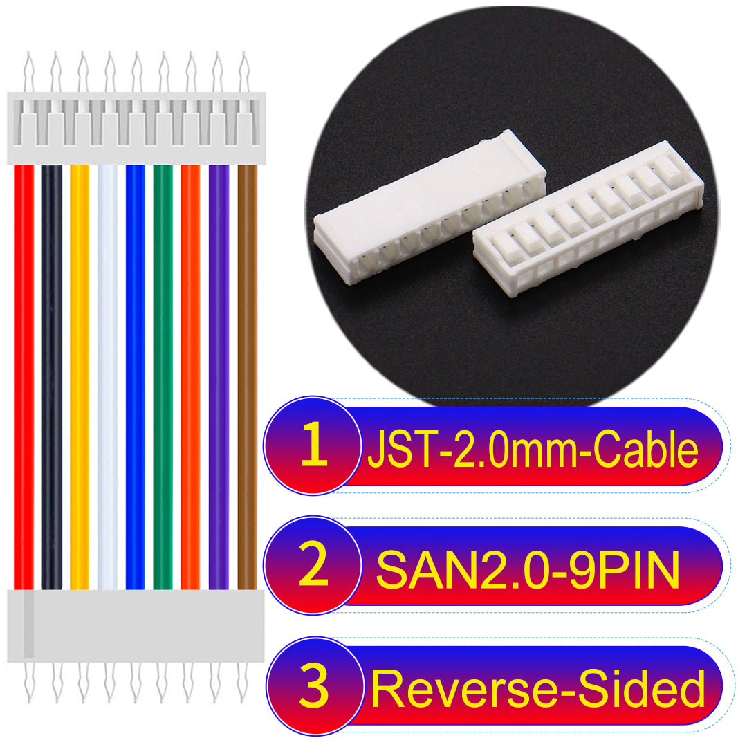 JST SAN2.0 9Pin Reverse-Side-Head cable, UL1007-certified, 2.0mm pitch, ensuring reliable connectivity for electronic and industrial devices.