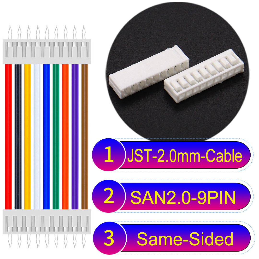 JST SAN2.0 9Pin Same-Side-Head cable, UL1007-certified, 2.0mm pitch, ensuring reliable connectivity for electronic and industrial devices.