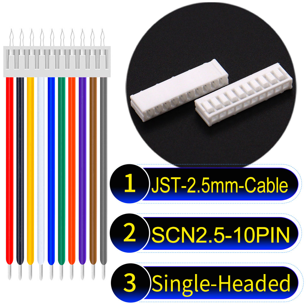 JST SCN2.5 10Pin single-headed cable, UL1007-certified, 2.5mm pitch, offering reliable signal transmission for electronic and industrial applications.