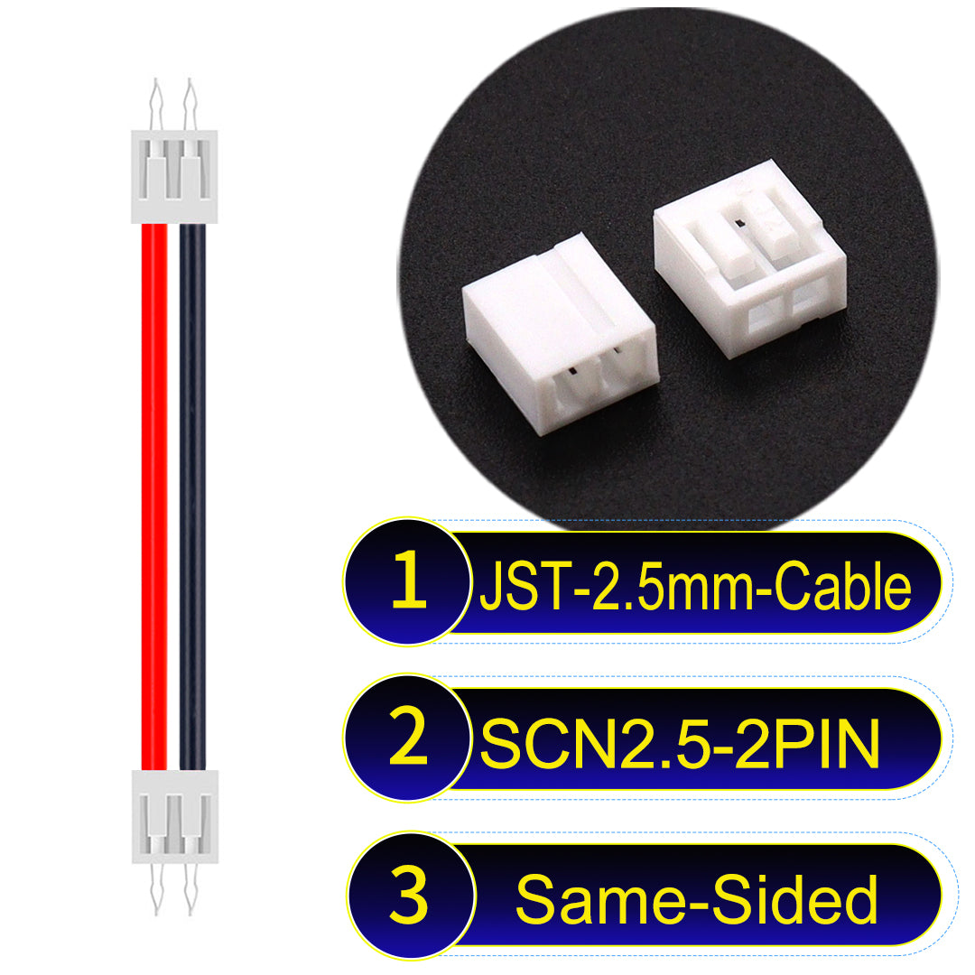JST SCN2.5 2Pin Same-Side-Head cable, UL1007-certified, 2.5mm pitch, offering reliable signal transmission for electronic and industrial applications.