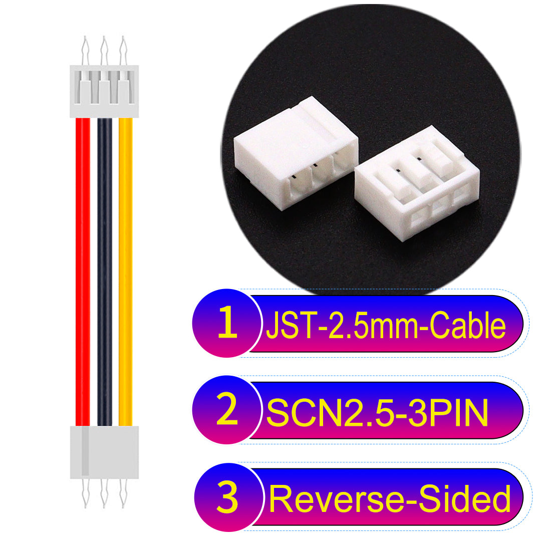 JST SCN2.5 3Pin Reverse-Side-Head cable, UL1007-certified, 2.5mm pitch, offering reliable signal transmission for electronic and industrial applications.