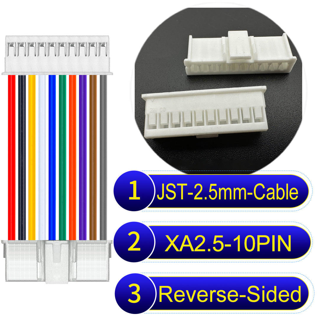 JST XA 2.5mm 10Pin Reverse-Side-Head cable with 22AWG copper wire and UL1007-certified PVC, suitable for home appliances, automotive electronics, etc.