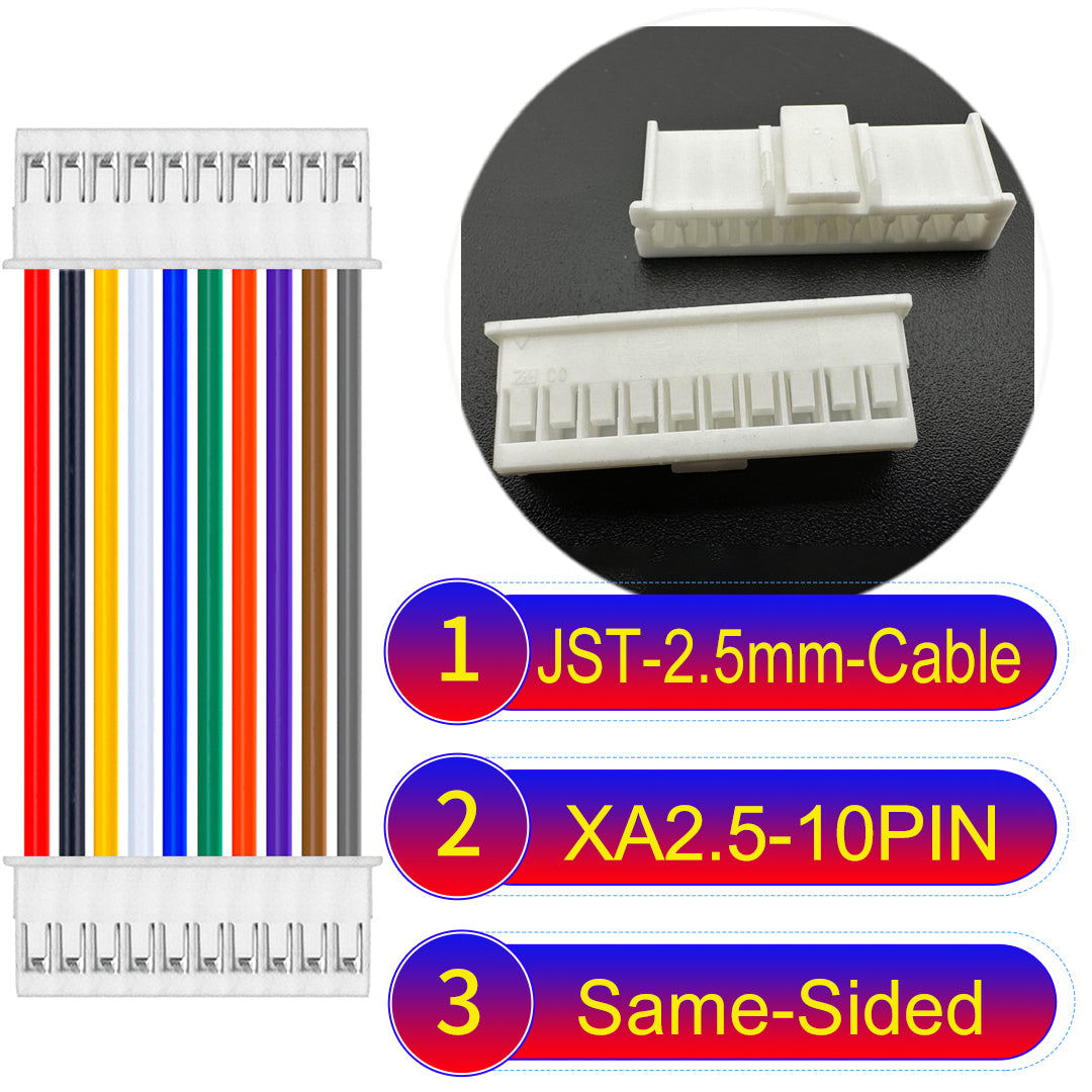JST XA 2.5mm 10Pin Same-Side-Head cable with 22AWG copper wire and UL1007-certified PVC, suitable for home appliances, automotive electronics, etc.