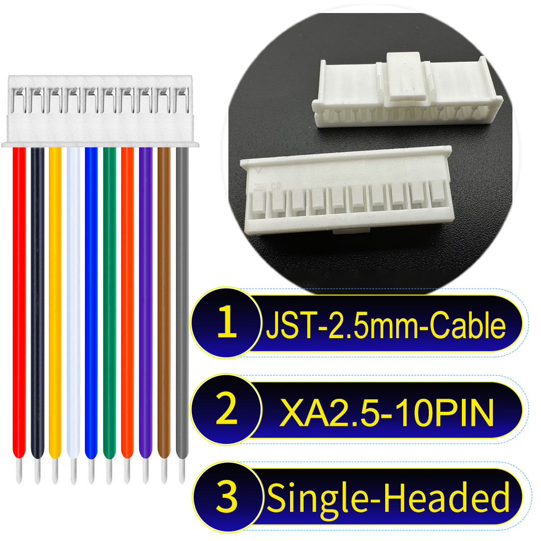 JST XA 2.5mm 10Pin single-headed cable with 22AWG copper wire and UL1007-certified PVC, suitable for home appliances, automotive electronics, etc.
