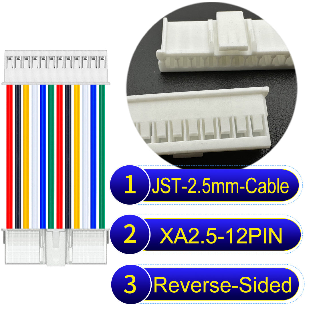 JST XA 2.5mm 12Pin Reverse-Side-Head cable with 22AWG copper wire and UL1007-certified PVC, suitable for home appliances, automotive electronics, etc.