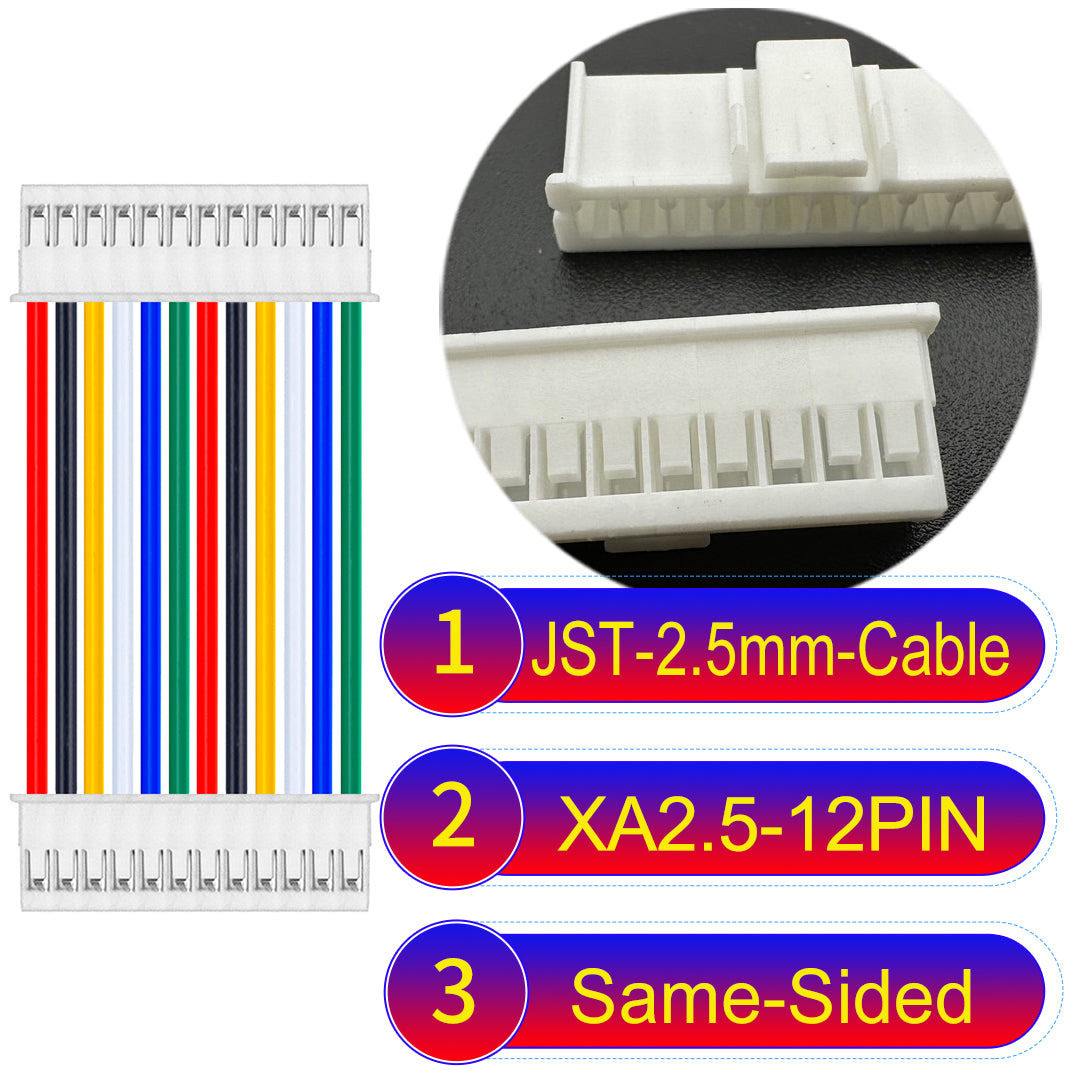 JST XA 2.5mm 12Pin Same-Side-Head cable with 22AWG copper wire and UL1007-certified PVC, suitable for home appliances, automotive electronics, etc.