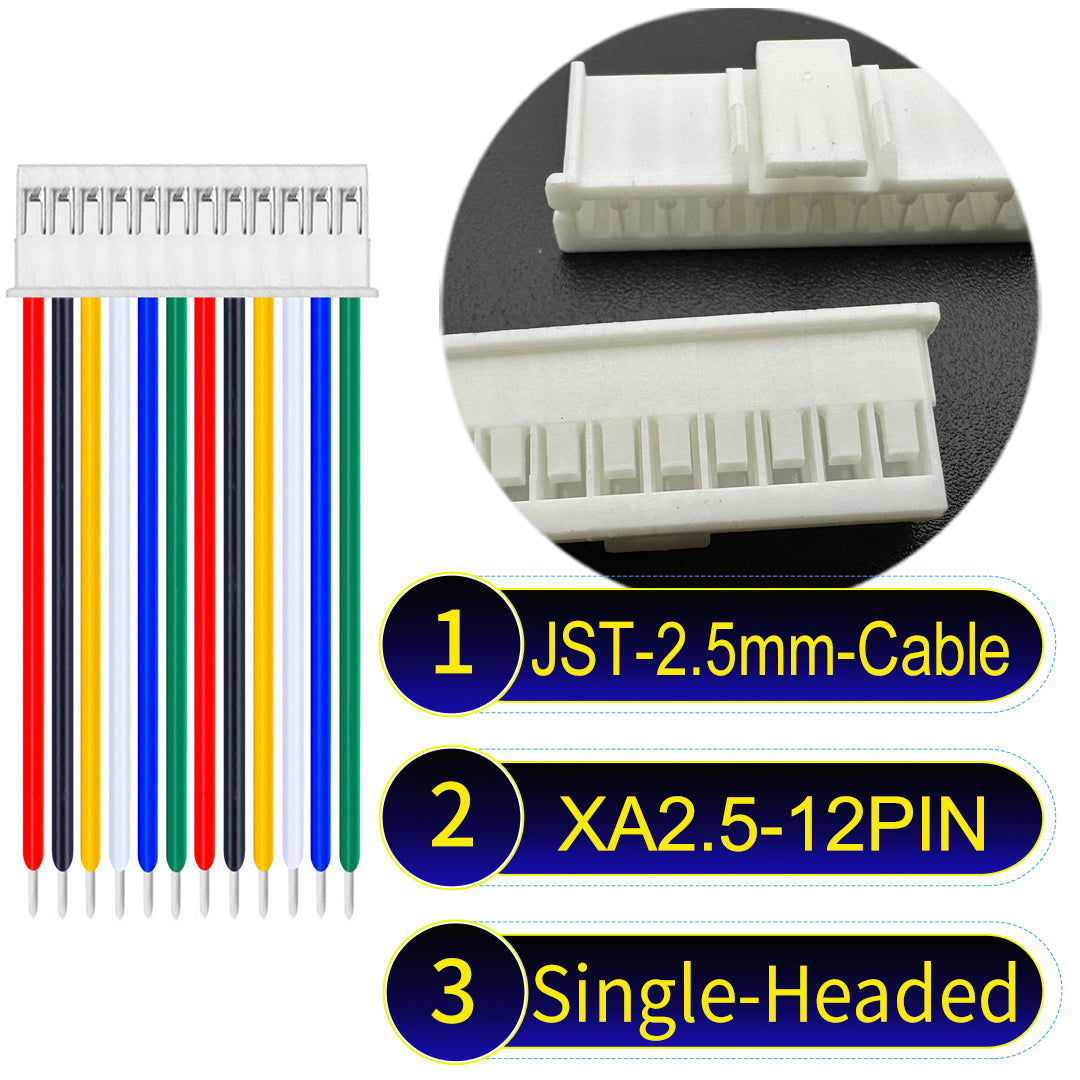 JST XA 2.5mm 12Pin single-headed cable with 22AWG copper wire and UL1007-certified PVC, suitable for home appliances, automotive electronics, etc.