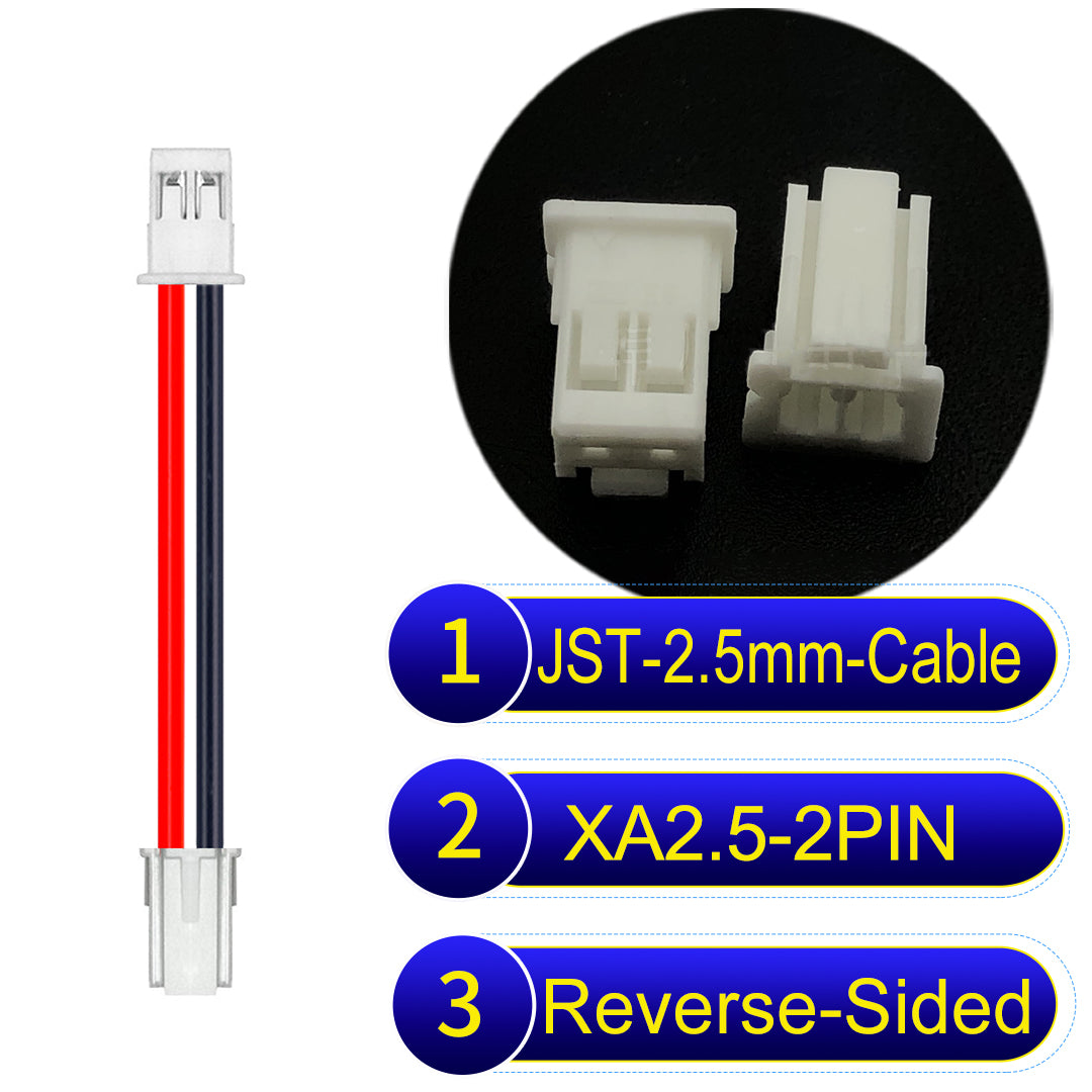 JST XA 2.5mm 2Pin Reverse-Side-Head cable with 22AWG copper wire and UL1007-certified PVC, suitable for home appliances, automotive electronics, etc.