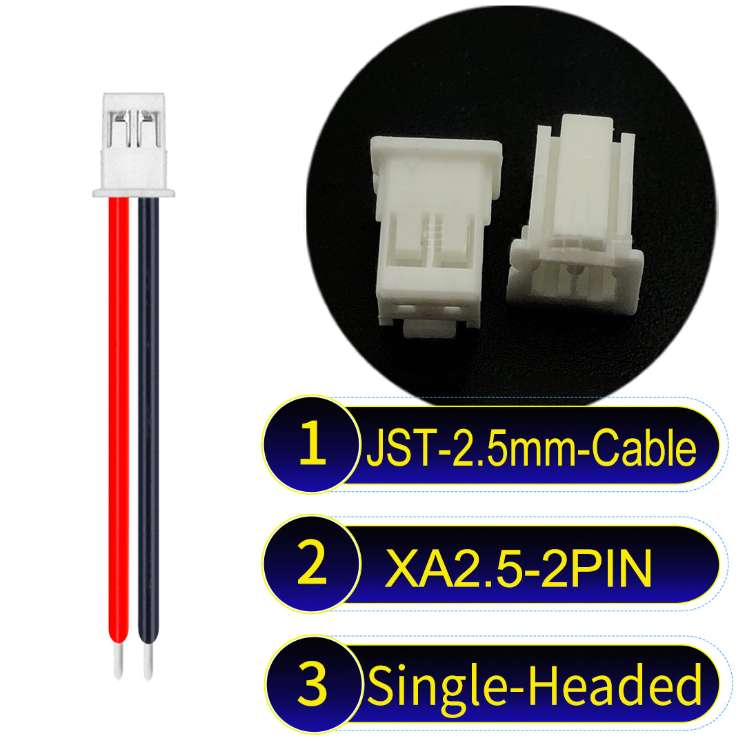 JST XA 2.5mm 2Pin single-headed cable with 22AWG copper wire and UL1007-certified PVC, suitable for home appliances, automotive electronics, etc.
