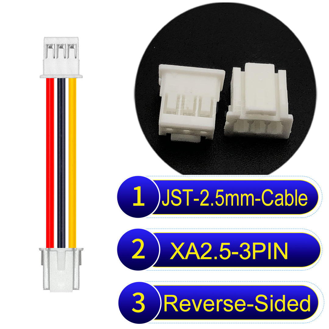 JST XA 2.5mm 3Pin Reverse-Side-Head cable with 22AWG copper wire and UL1007-certified PVC, suitable for home appliances, automotive electronics, etc.