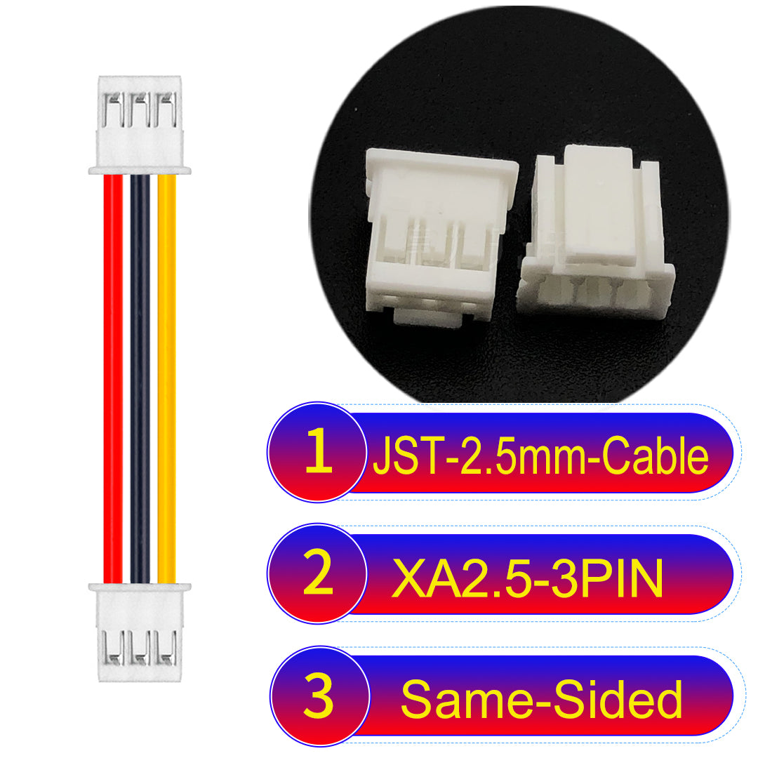 JST XA 2.5mm 3Pin Same-Side-Head cable with 22AWG copper wire and UL1007-certified PVC, suitable for home appliances, automotive electronics, etc.