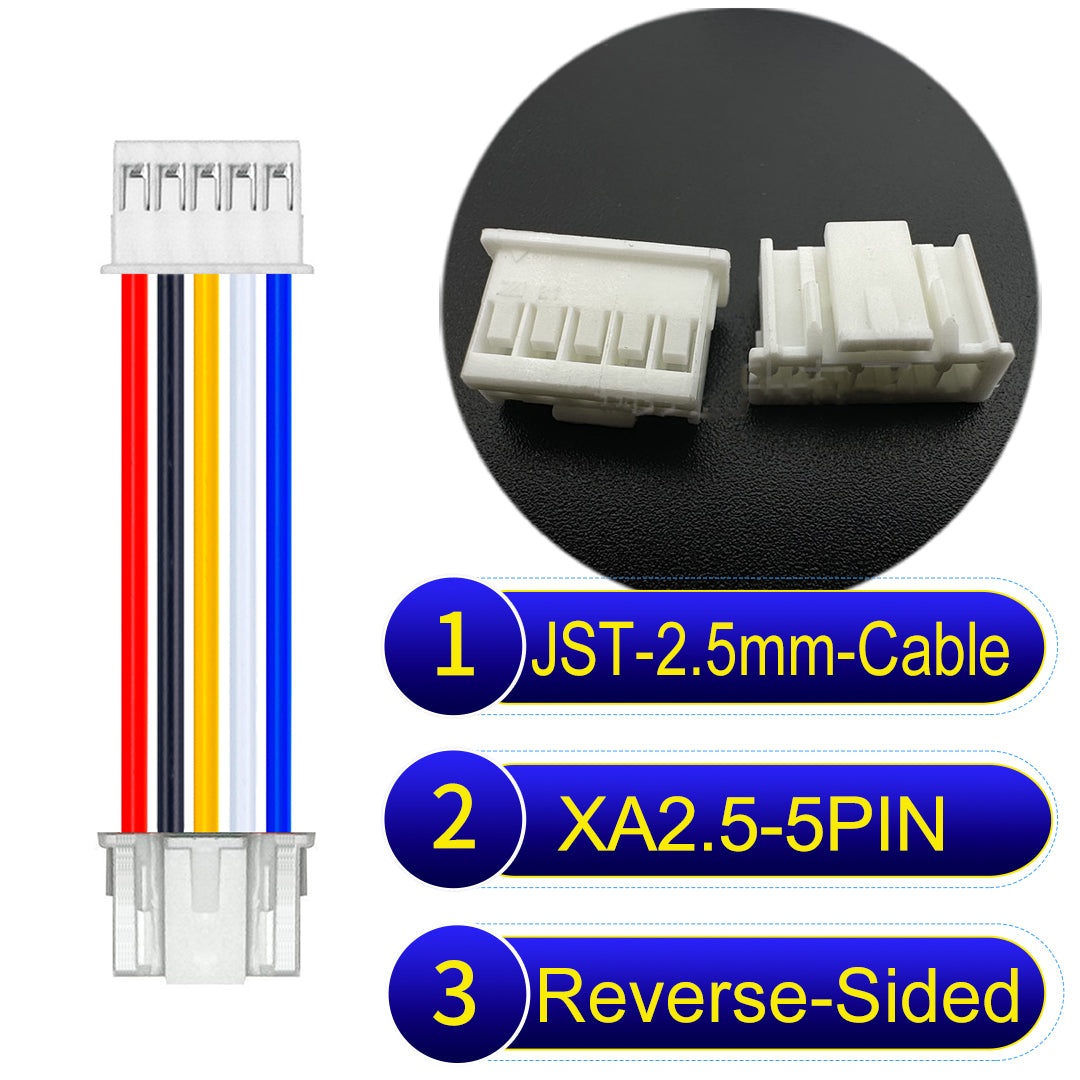 JST XA 2.5mm 5Pin Reverse-Side-Head cable with 22AWG copper wire and UL1007-certified PVC, suitable for home appliances, automotive electronics, etc.