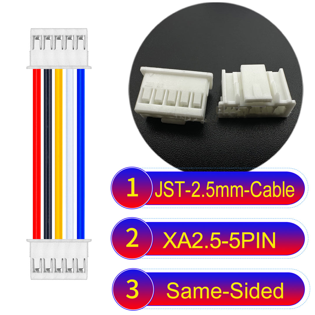 JST XA 2.5mm 5Pin Same-Side-Head cable with 22AWG copper wire and UL1007-certified PVC, suitable for home appliances, automotive electronics, etc.