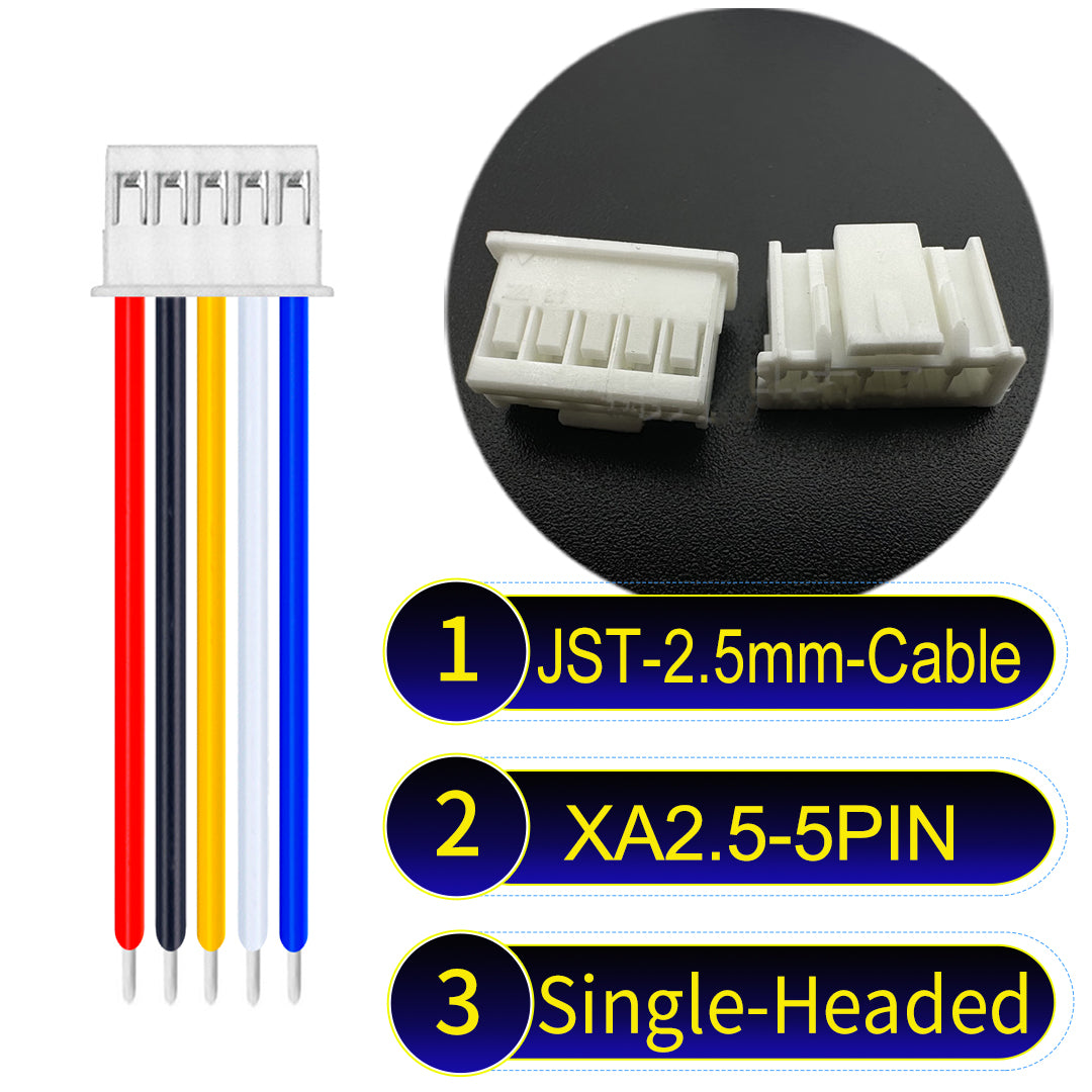 JST XA 2.5mm 5Pin single-headed cable with 22AWG copper wire and UL1007-certified PVC, suitable for home appliances, automotive electronics, etc.