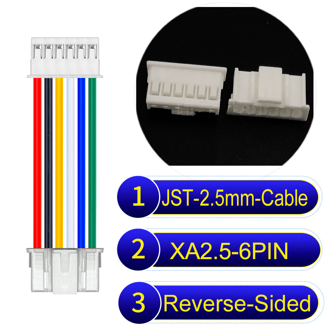 JST XA 2.5mm 6Pin Reverse-Side-Head cable with 22AWG copper wire and UL1007-certified PVC, suitable for home appliances, automotive electronics, etc.