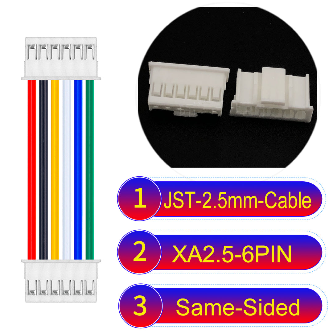 JST XA 2.5mm 6Pin Same-Side-Head cable with 22AWG copper wire and UL1007-certified PVC, suitable for home appliances, automotive electronics, etc.