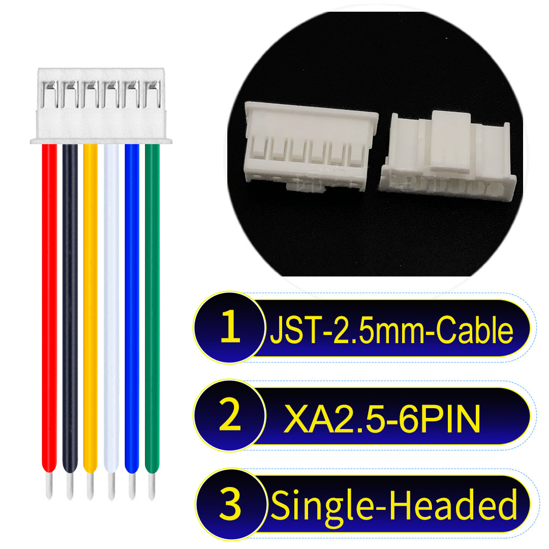 JST XA 2.5mm 6Pin single-headed cable with 22AWG copper wire and UL1007-certified PVC, suitable for home appliances, automotive electronics, etc.