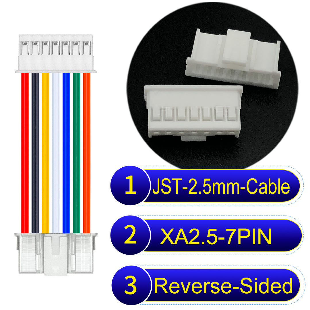 JST XA 2.5mm 7Pin Reverse-Side-Head cable with 22AWG copper wire and UL1007-certified PVC, suitable for home appliances, automotive electronics, etc.