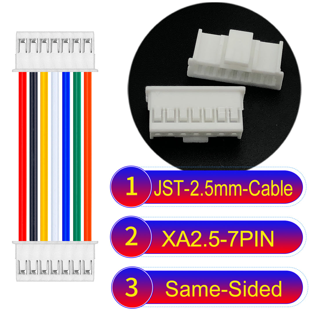JST XA 2.5mm 7Pin Same-Side-Head cable with 22AWG copper wire and UL1007-certified PVC, suitable for home appliances, automotive electronics, etc.
