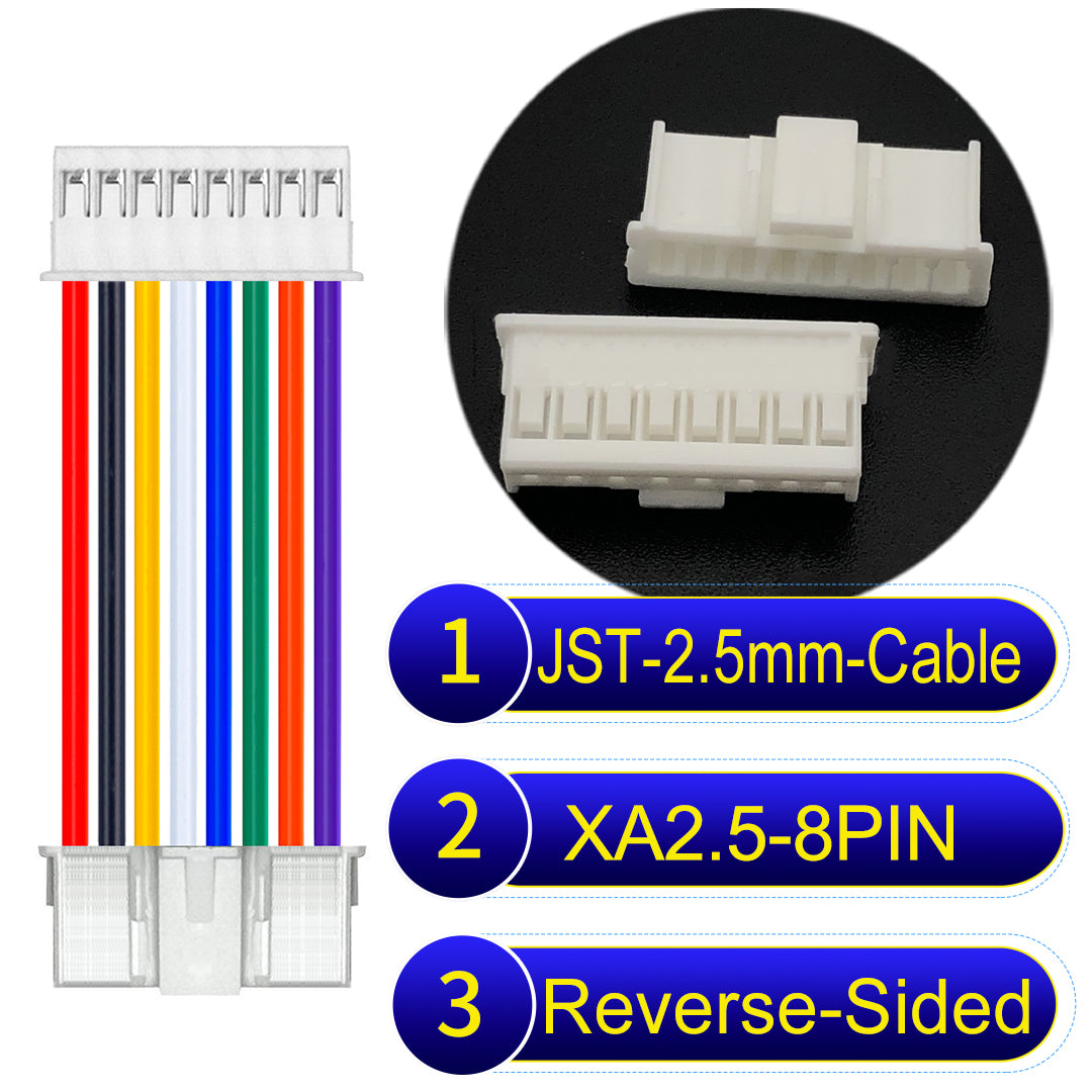 JST XA 2.5mm 8Pin Reverse-Side-Head cable with 22AWG copper wire and UL1007-certified PVC, suitable for home appliances, automotive electronics, etc.