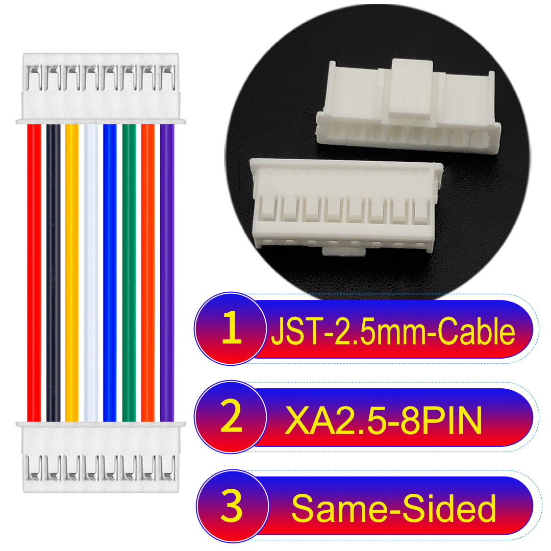 JST XA 2.5mm 8Pin Same-Side-Head cable with 22AWG copper wire and UL1007-certified PVC, suitable for home appliances, automotive electronics, etc.