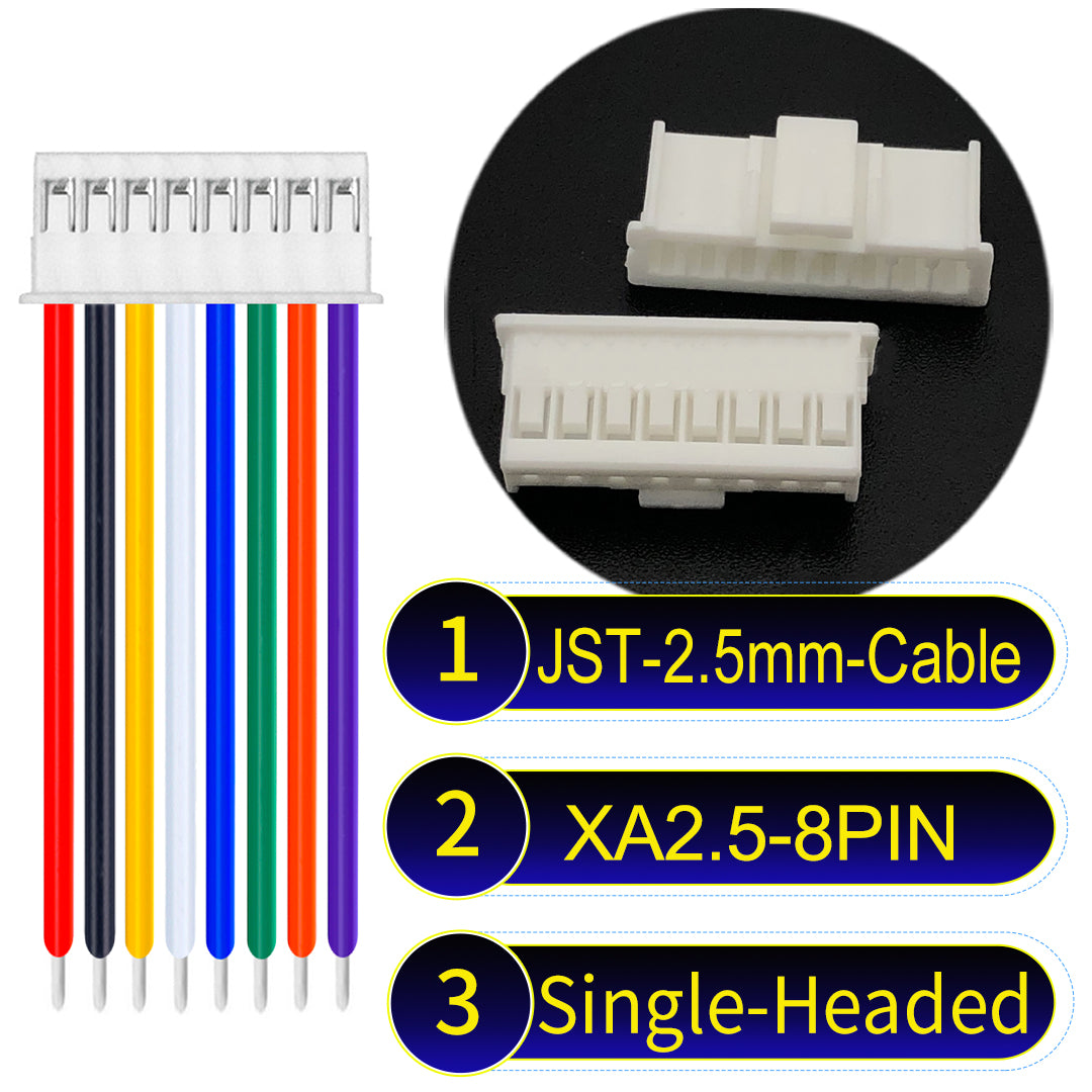 JST XA 2.5mm 8Pin single-headed cable with 22AWG copper wire and UL1007-certified PVC, suitable for home appliances, automotive electronics, etc.