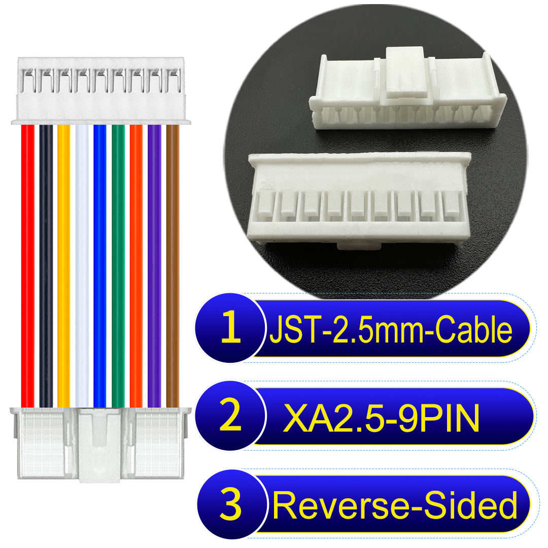 JST XA 2.5mm 9Pin Reverse-Side-Head cable with 22AWG copper wire and UL1007-certified PVC, suitable for home appliances, automotive electronics, etc.