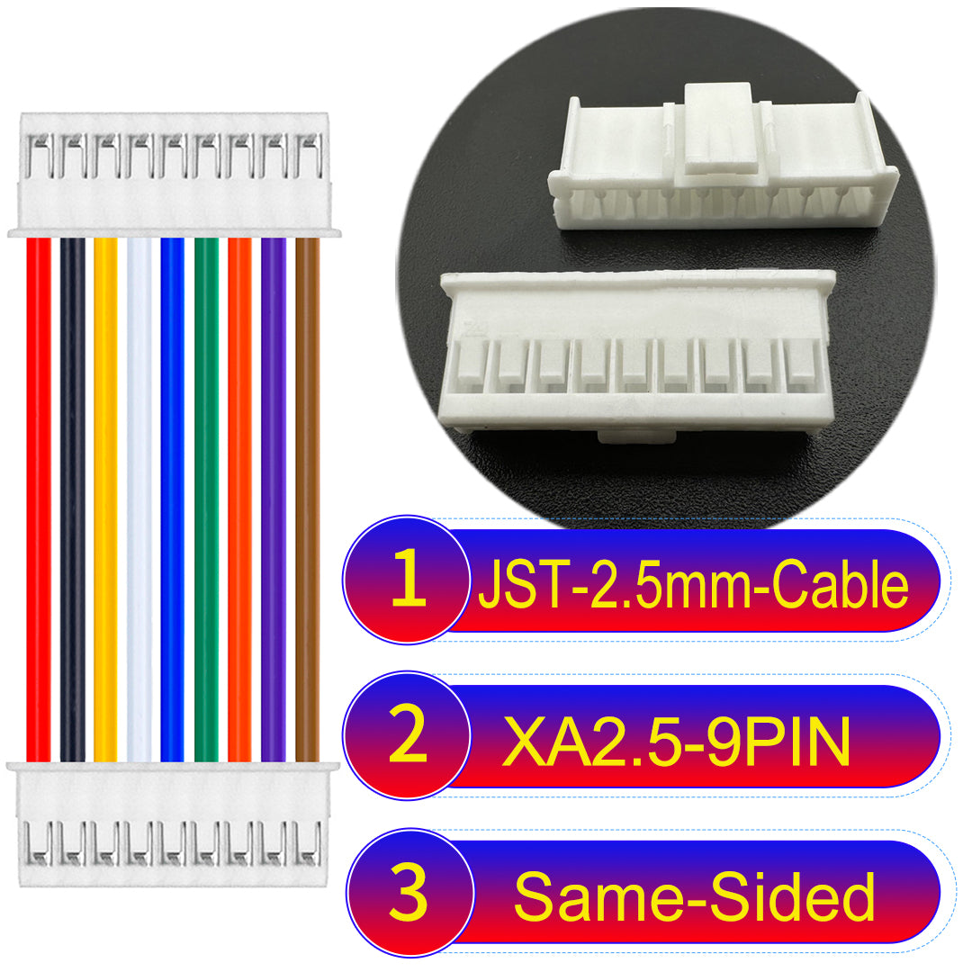 JST XA 2.5mm 9Pin Same-Side-Head cable with 22AWG copper wire and UL1007-certified PVC, suitable for home appliances, automotive electronics, etc.