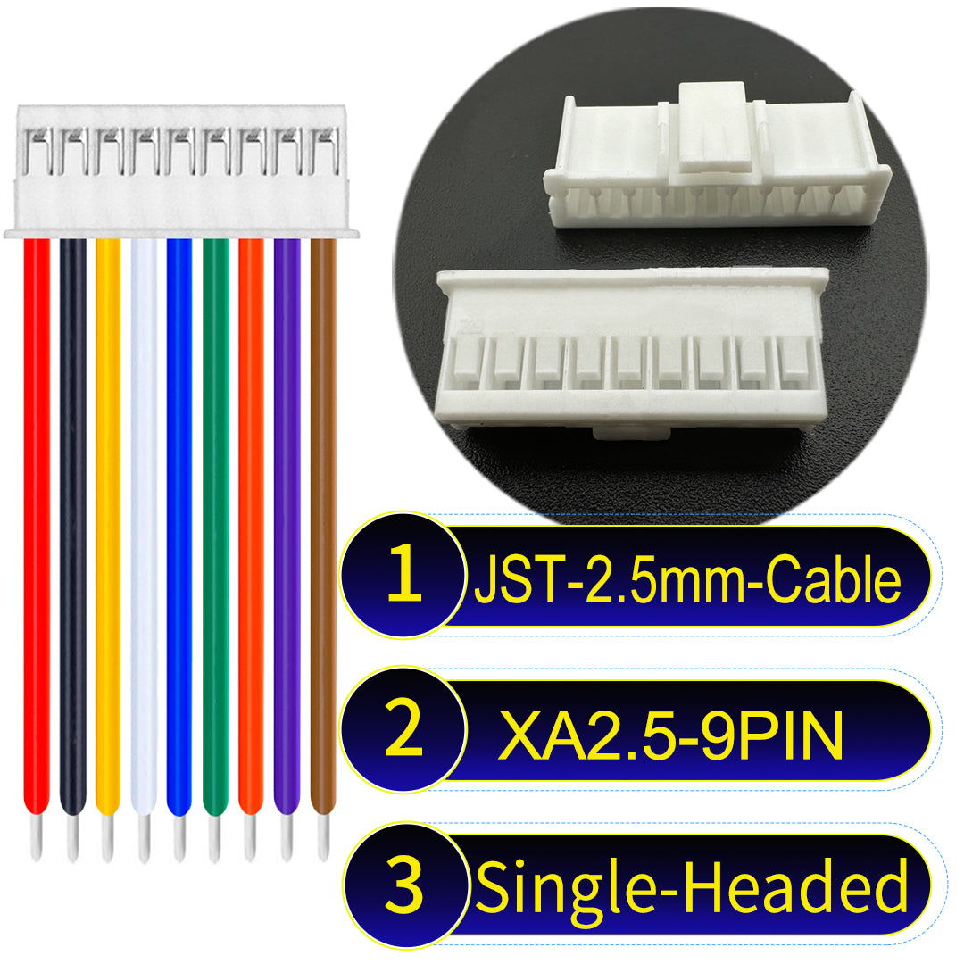 JST XA 2.5mm 9Pin single-headed cable with 22AWG copper wire and UL1007-certified PVC, suitable for home appliances, automotive electronics, etc.