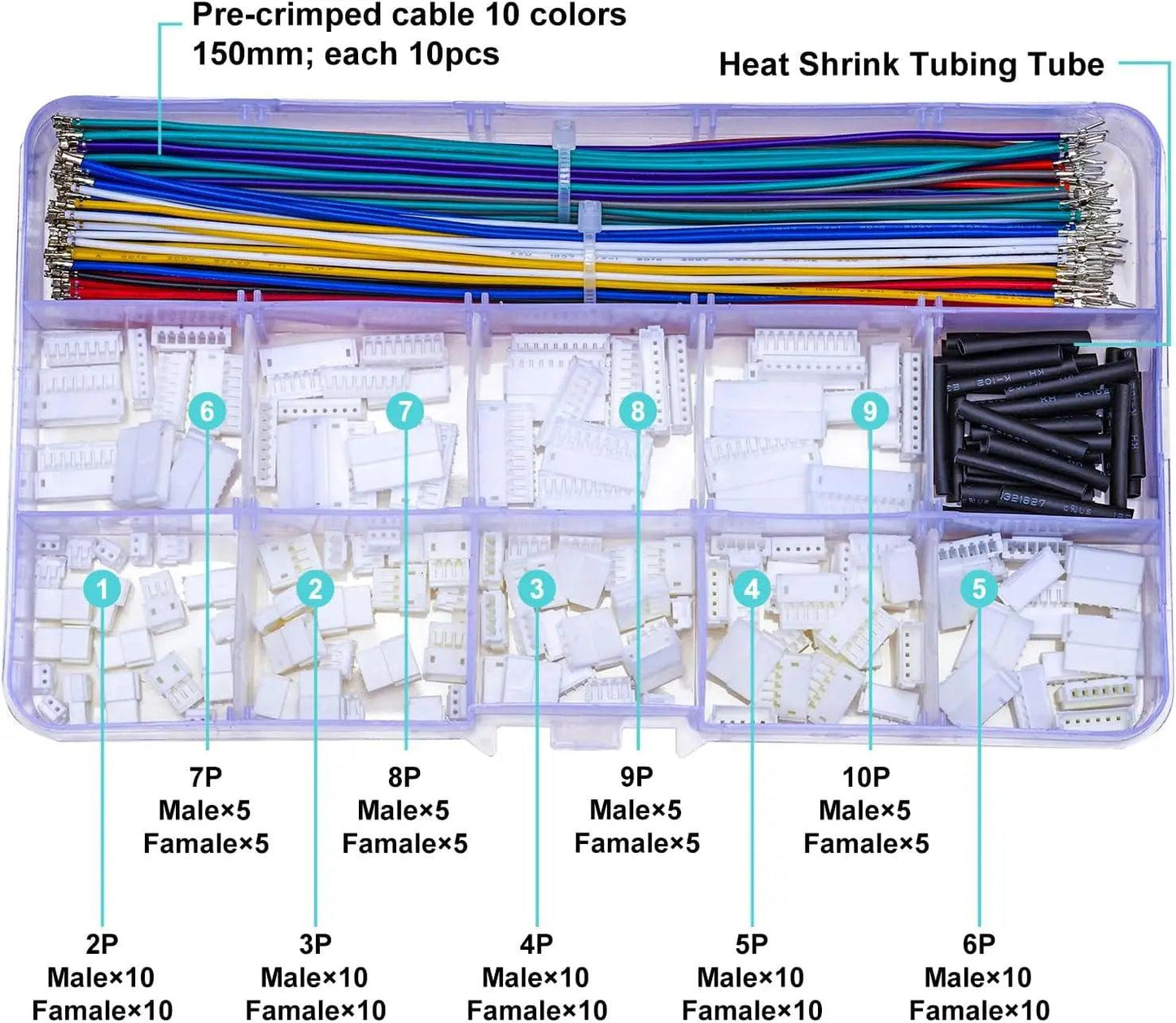 Example of assembled JST connectors with 22AWG wires