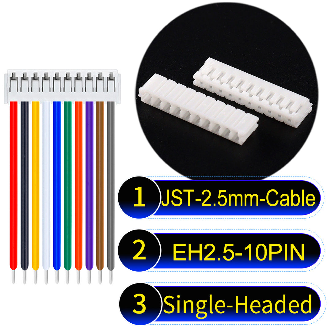 The JST 2.5mm Cable EH2.5 10-Pin Single-Headed UL1007 PVC Cable offers durability and reliability for electrical connections.