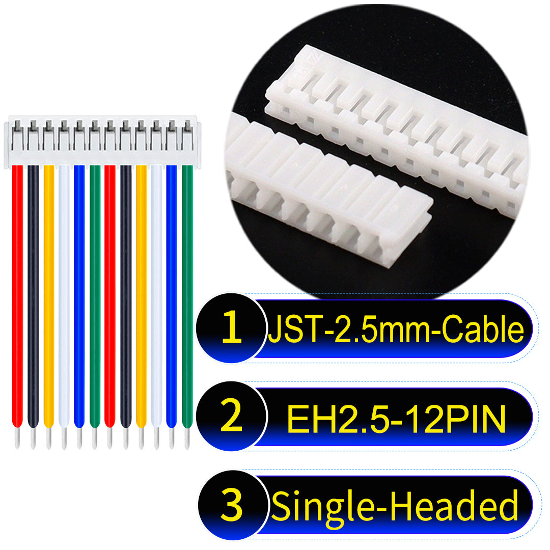 The JST 2.5mm Cable EH2.5 12-Pin Single-Headed UL1007 PVC Cable offers durability and reliability for electrical connections.