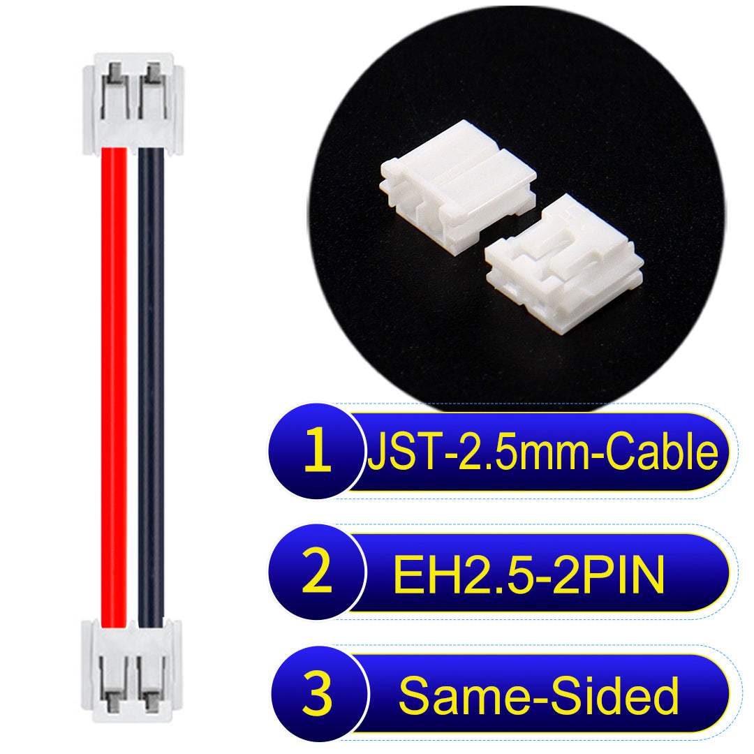 JST 2.5mm Cable EH2.5 2-Pin Same-Side-Head UL1007 PVC Cable with 22AWG wire gauge.