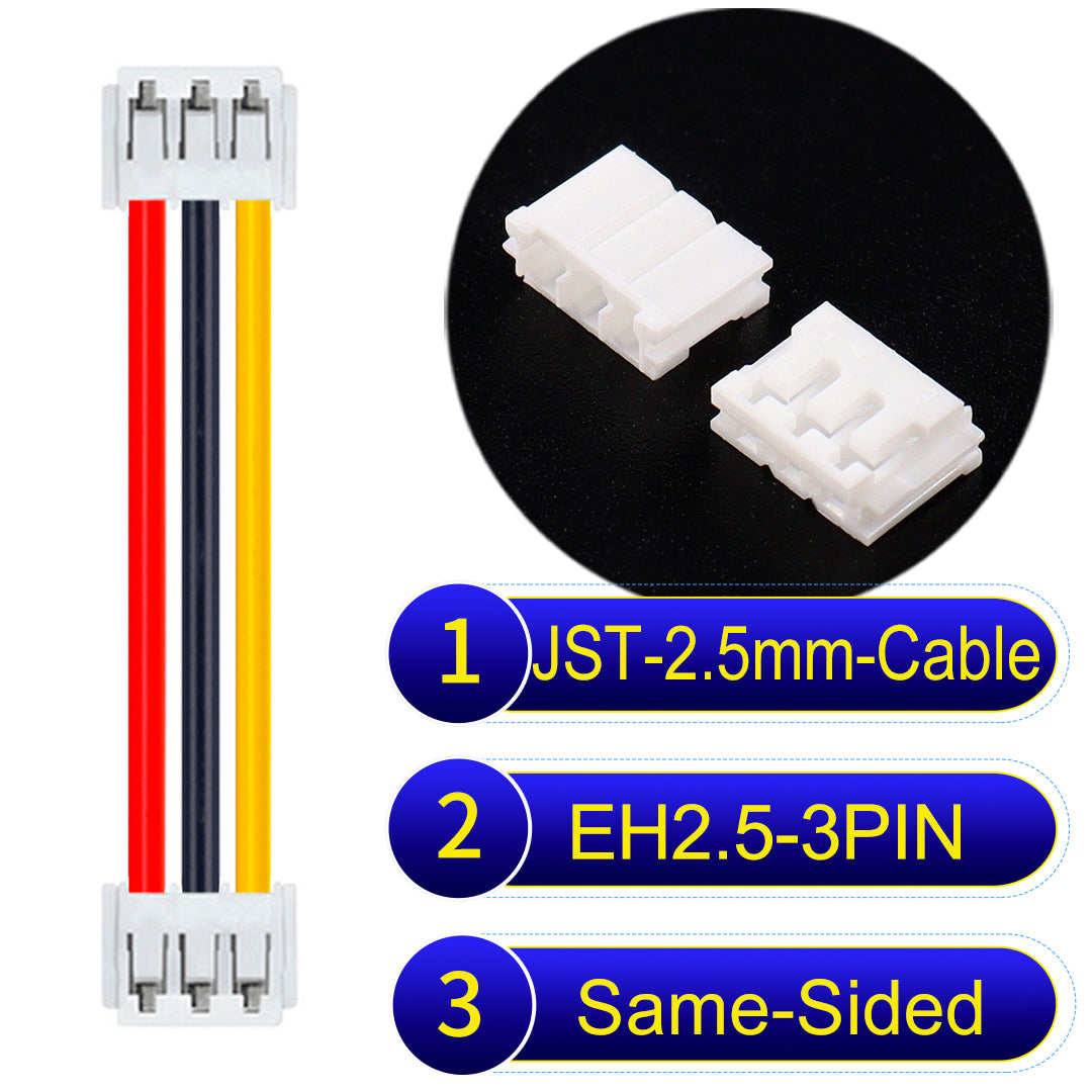 JST 2.5mm Cable EH2.5 3-Pin Same-Side-Head UL1007 PVC Cable with 22AWG wire gauge.
