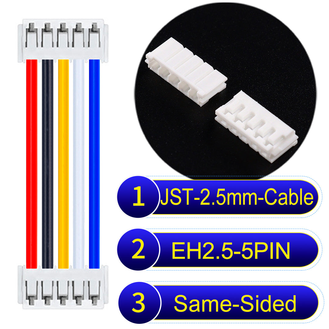 JST 2.5mm Cable EH2.5 5-Pin Same-Side-Head UL1007 PVC Cable with 22AWG wire gauge.