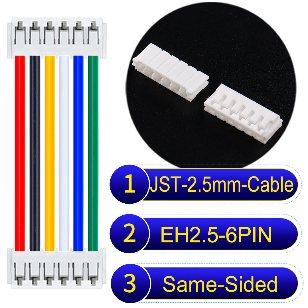 JST 2.5mm Cable EH2.5 6-Pin Same-Side-Head UL1007 PVC Cable with 22AWG wire gauge.