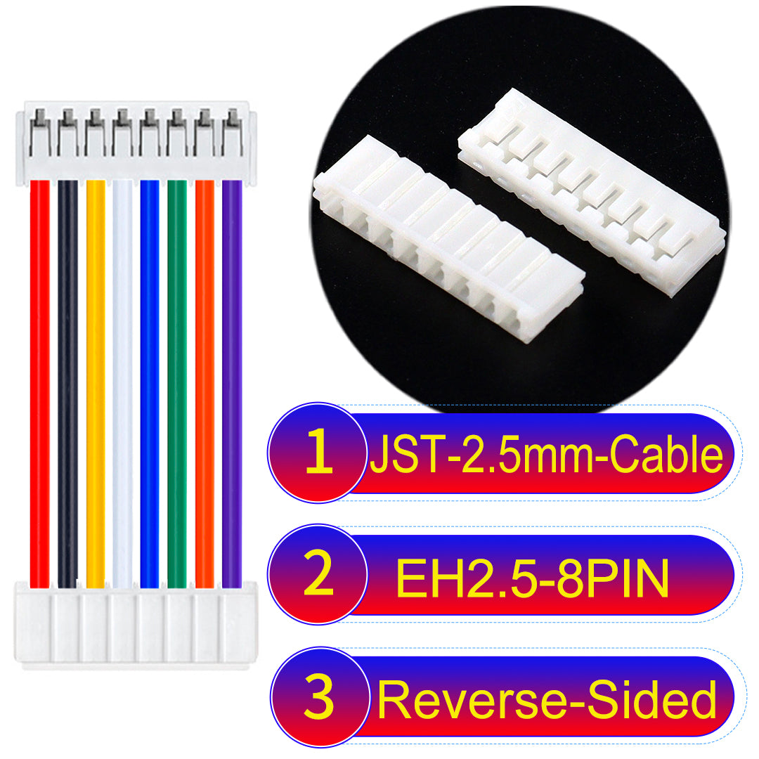 The JST 2.5mm Cable EH2.5 8Pin Reverse-Side-Head UL1007 PVC Cable offers durability and reliability for electrical connections.
