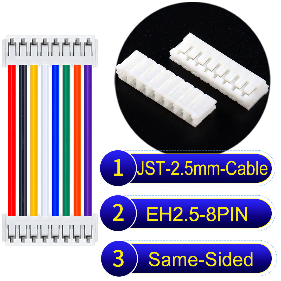 JST 2.5mm Cable EH2.5 8-Pin Same-Side-Head UL1007 PVC Cable with 22AWG wire gauge.