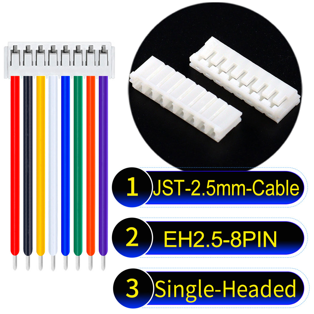 The JST 2.5mm Cable EH2.5 8-Pin Single-Headed UL1007 PVC Cable offers durability and reliability for electrical connections.