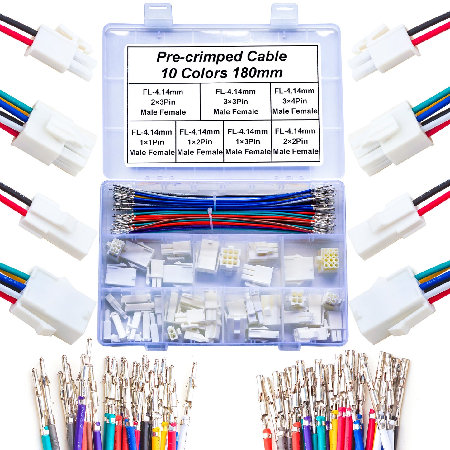 Full view of JST FL 4.14mm male and female connector kit with 20AWG cables for DIY electronics