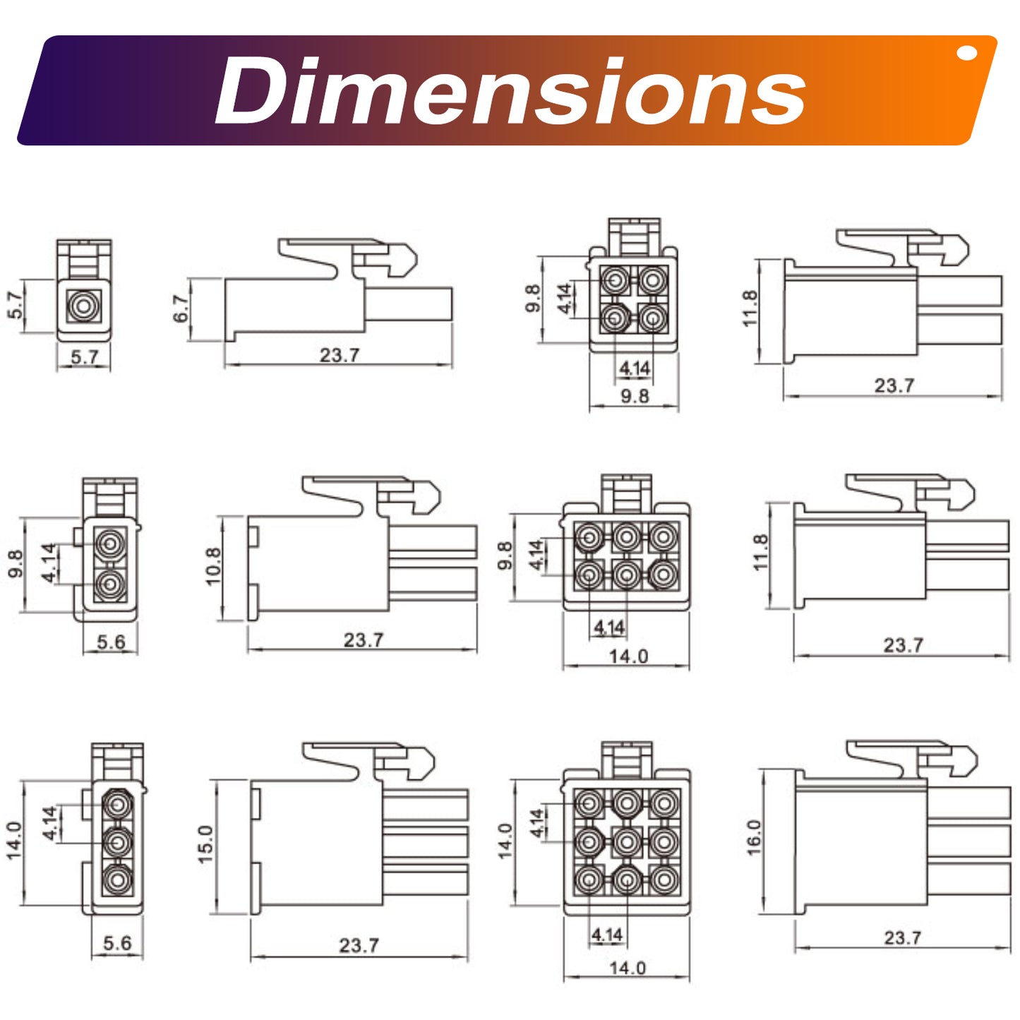 Detailed view of JST FL 4.14mm male/female connector housing and 20AWG terminals