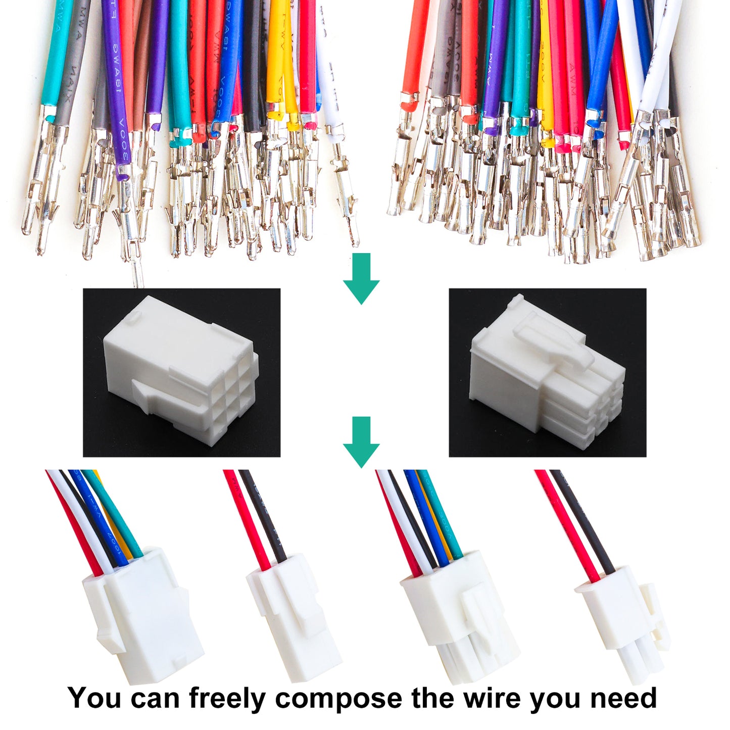 Close-up of JST FL 4.14mm female connector with 20AWG cable for custom wiring applications