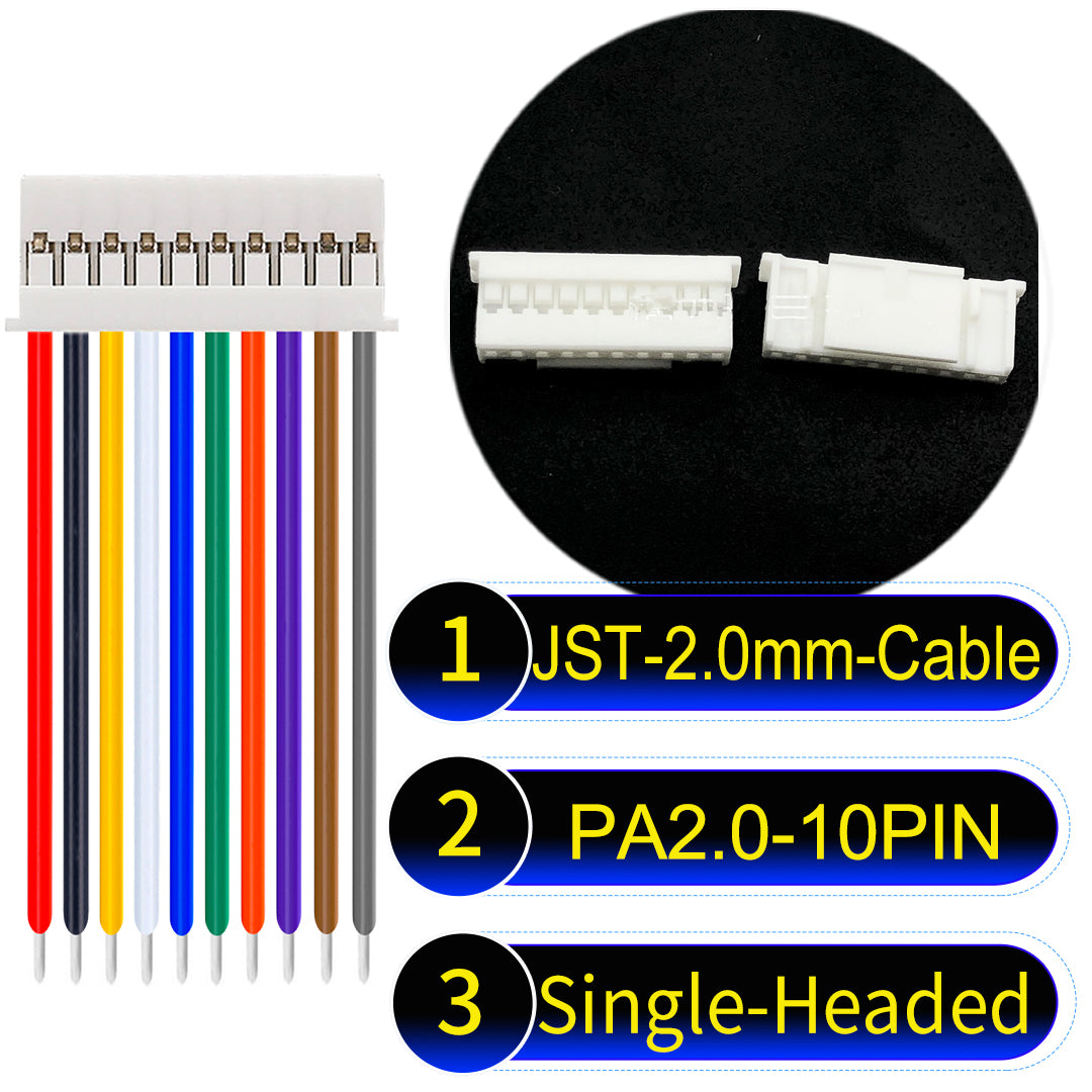 JST PA2.0 10Pin Single-Headed cable, 22AWG UL1007 PVC material, perfect for LED lighting, appliances, and industrial devices.