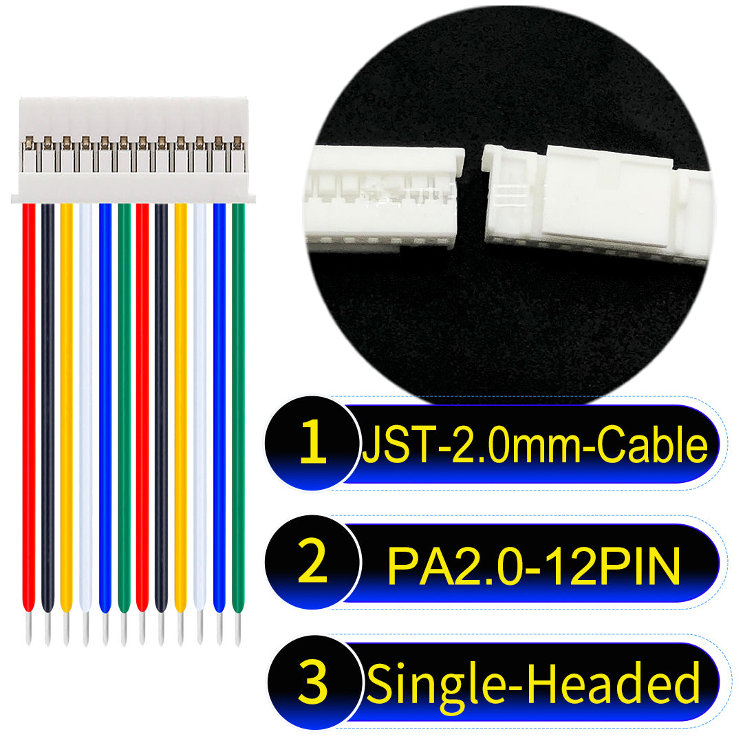 JST PA2.0 12Pin Single-Headed cable, 22AWG UL1007 PVC material, perfect for LED lighting, appliances, and industrial devices.