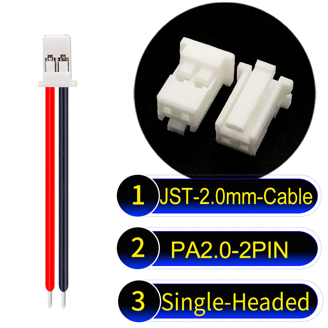 JST PA2.0 2Pin Single-Headed cable, 22AWG UL1007 PVC material, perfect for LED lighting, appliances, and industrial devices.